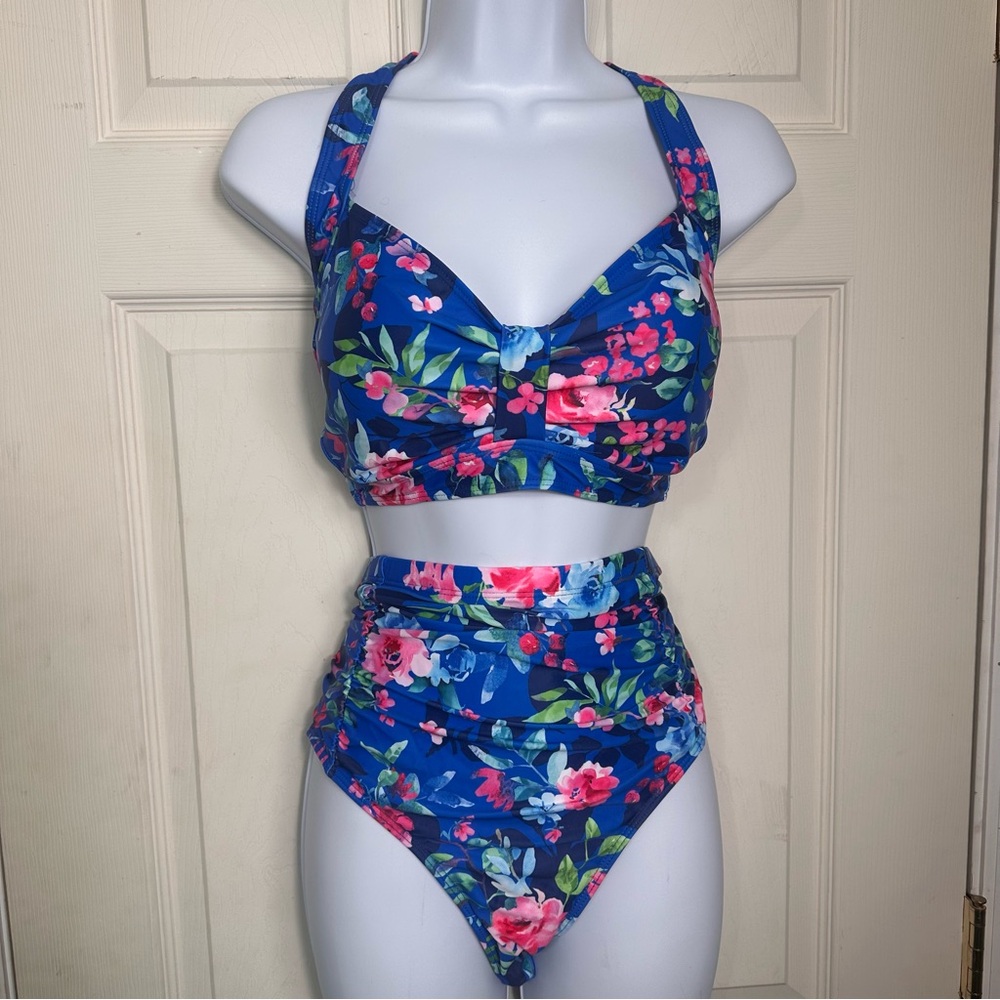 NWT Holipick Bikini Blue Swimsuit Floral Halter Top High Waist Ruched XLarge‎